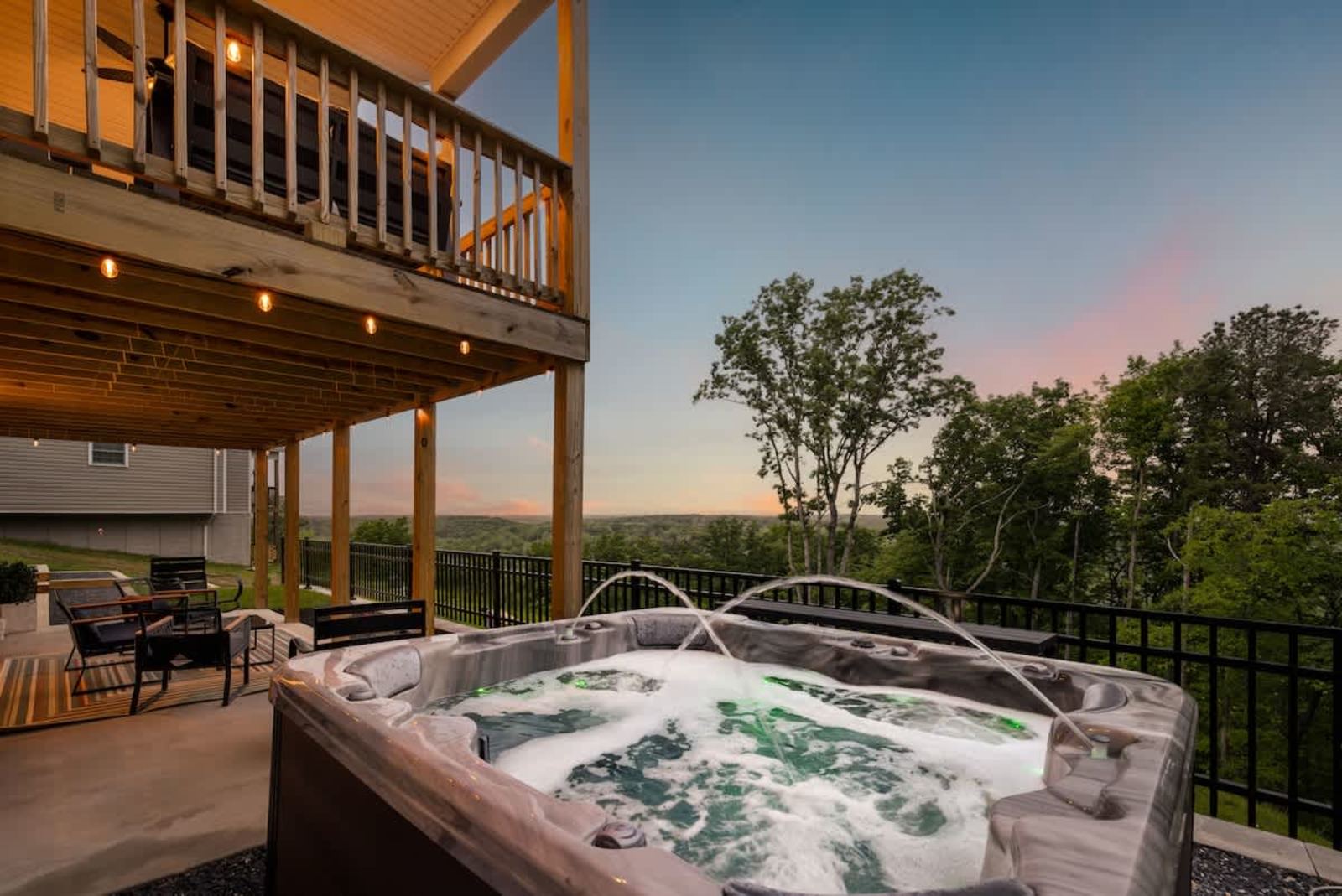 Hot tub on the private deck at sunset over the Shenandoah Valley